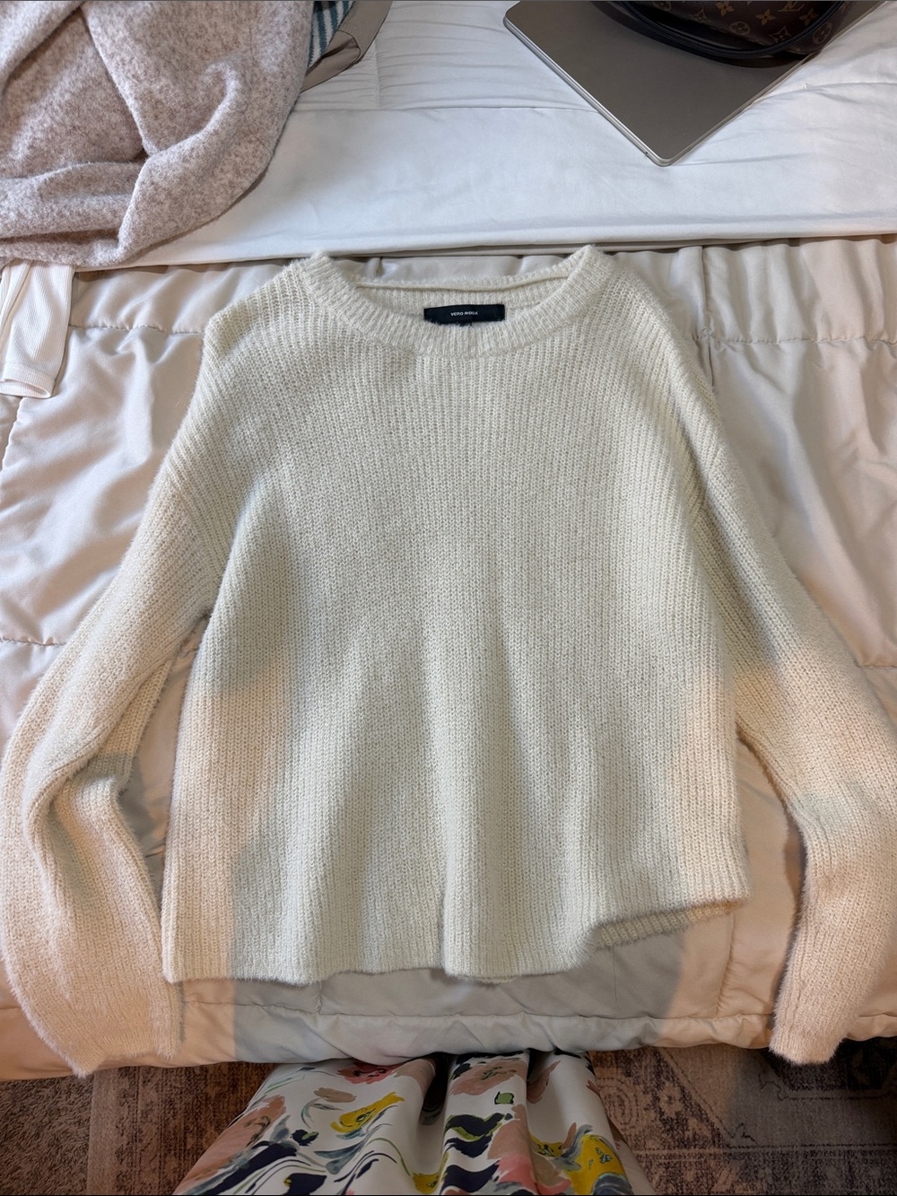 Women's Cream Crewneck Knit Sweater - Minimal Pullover